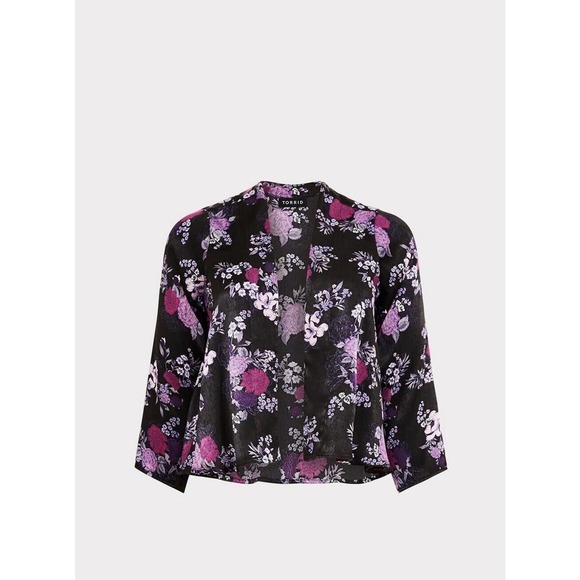 Torrid Purple Floral Satin Kimono Open Front Black Plus Size 3/4 3X 4X H14447 - Picture 3 of 9